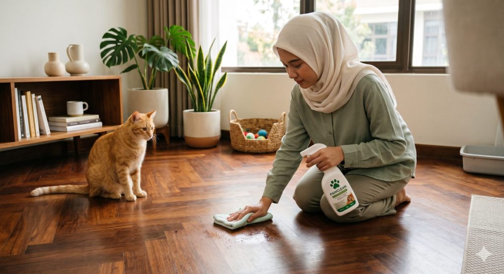 cara-membersihkan-kotoran-kucing-lantai-kayu